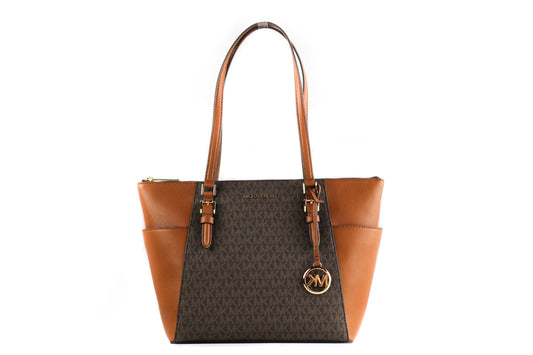 Michael Kors Charlotte Signature Leather Large Top Zip Tote Handbag Bag (Brown) - Ora And Co.