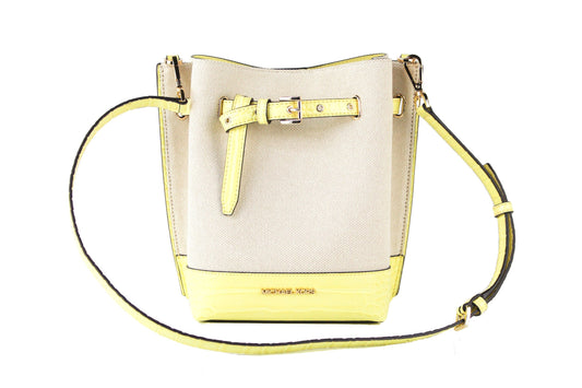 Michael Kors Emilia Small Canvas Snakeskin Print Leather Bucket Bag Messenger Crossbody Handbag (Buttercup) - Ora And Co.