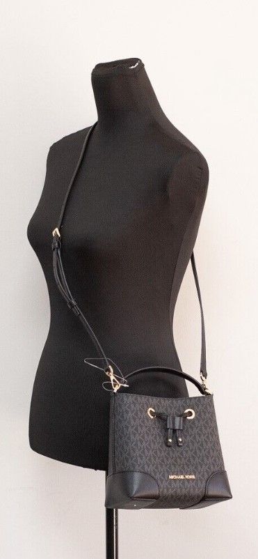 Michael Kors Mercer Small Black Signature Leather Bucket Crossbody Handbag Purse - Ora And Co.