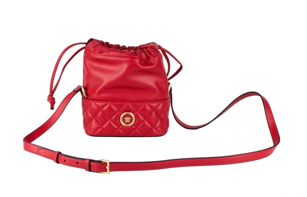 Versace Red Quilted Leather Drawstring Shoulder Bag Bucket Crossbody Handbag - Ora And Co.