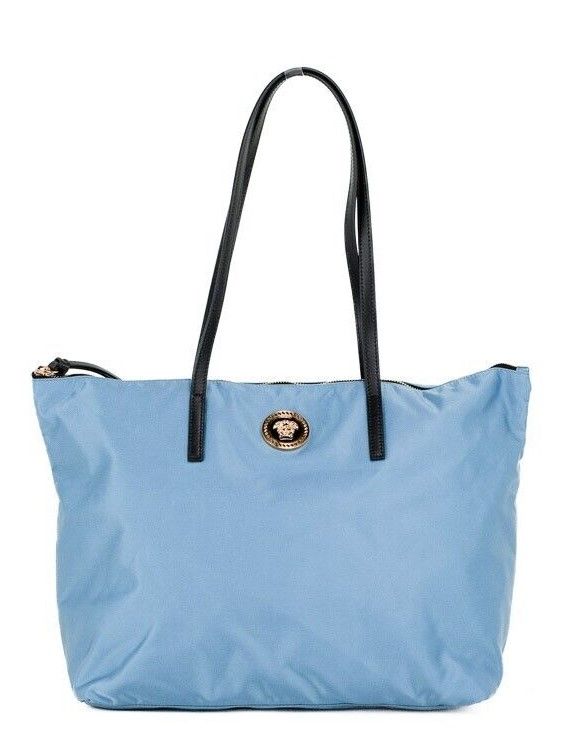 Versace Portuna Medusa Medium Cornflower Blue Nylon Leather Tote Bag Purse - Ora And Co.