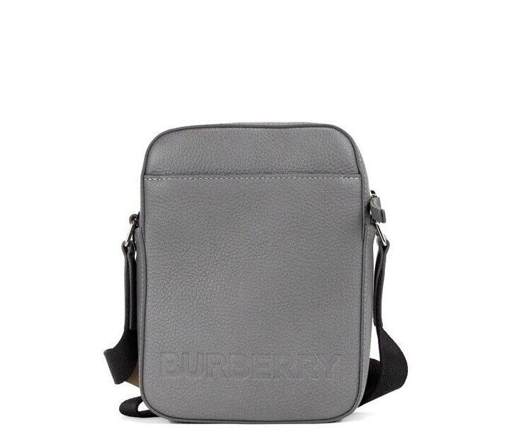 Burberry Thornton Small Grey Embossed Logo Grainy Leather Crossbody Handbag - Ora And Co.