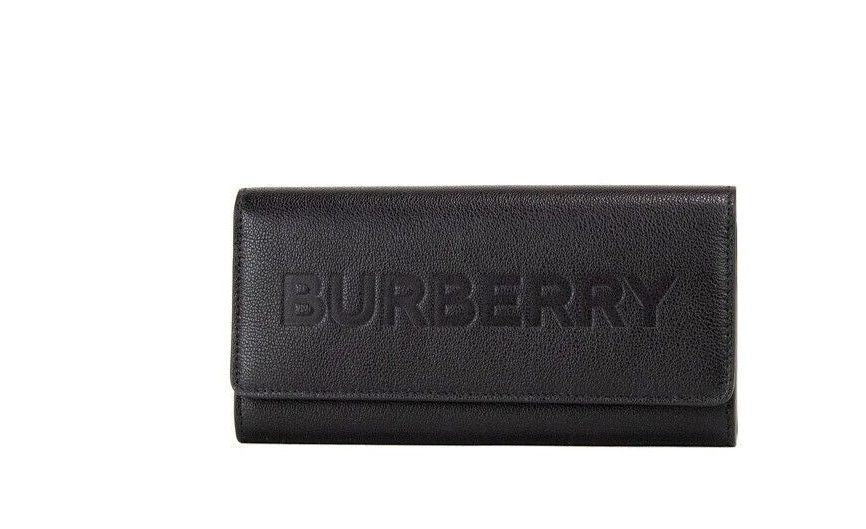 Burberry Porter Black Grained Leather Branded Logo Embossed Clutch Flap Wallet - Ora And Co.