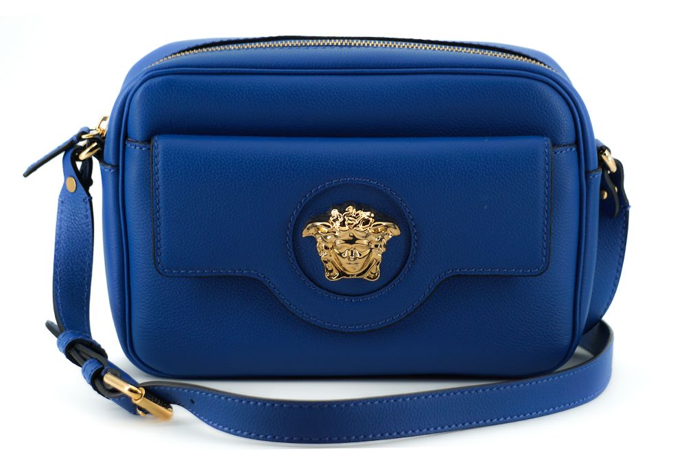 Versace Elegant Blue Calf Leather Camera Case Bag - Ora And Co.