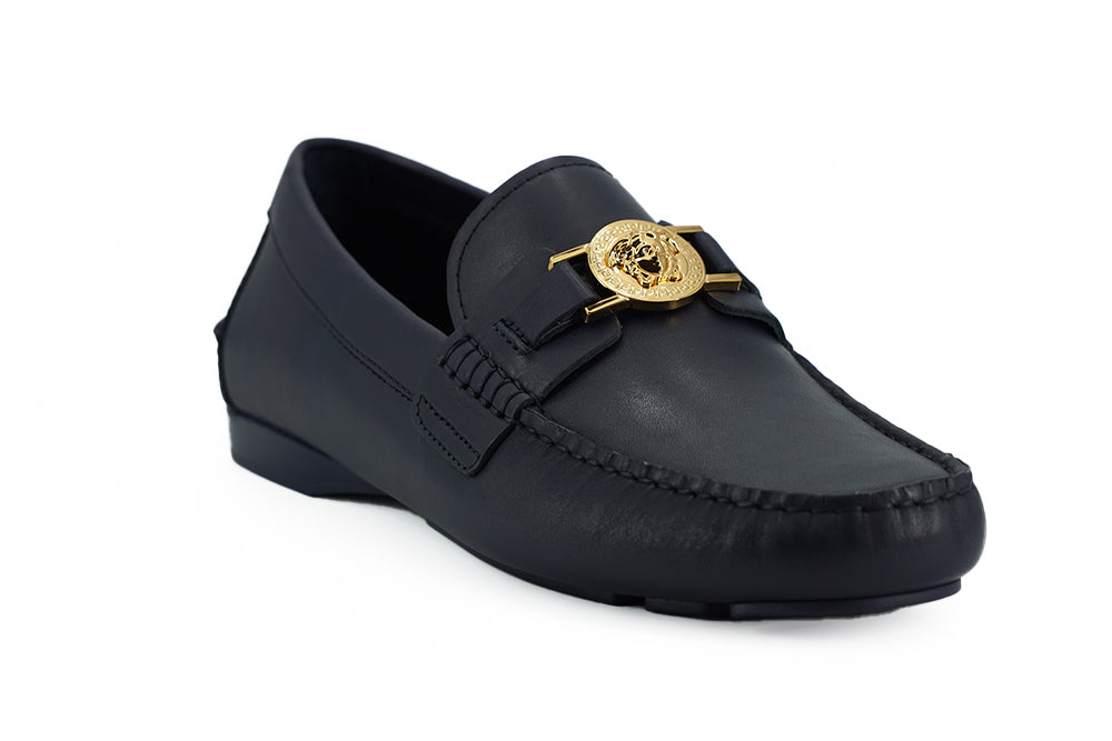 Versace Elegant Navy Blue Calf Leather Loafers - Ora And Co.