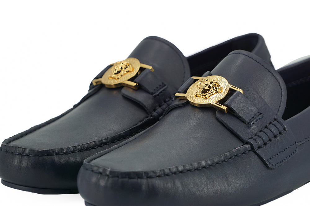 Versace Elegant Navy Blue Calf Leather Loafers - Ora And Co.