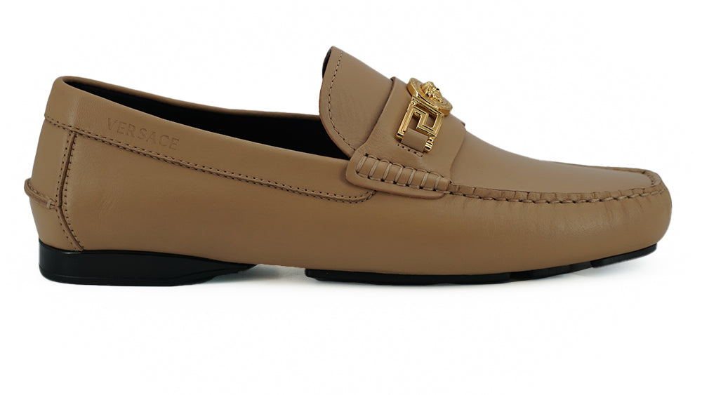 Versace Exquisite Medusa Gold-Tone Leather Loafers - Ora And Co.