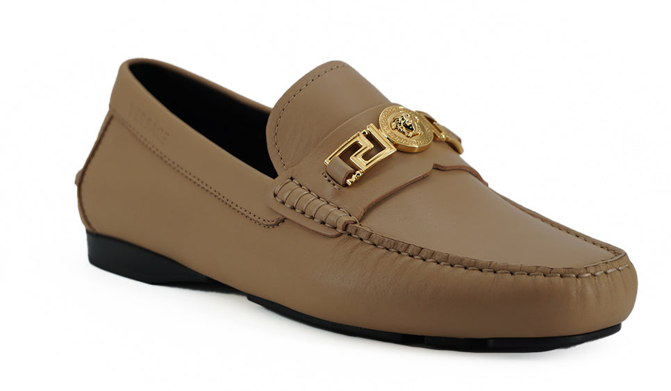 Versace Exquisite Medusa Gold-Tone Leather Loafers - Ora And Co.