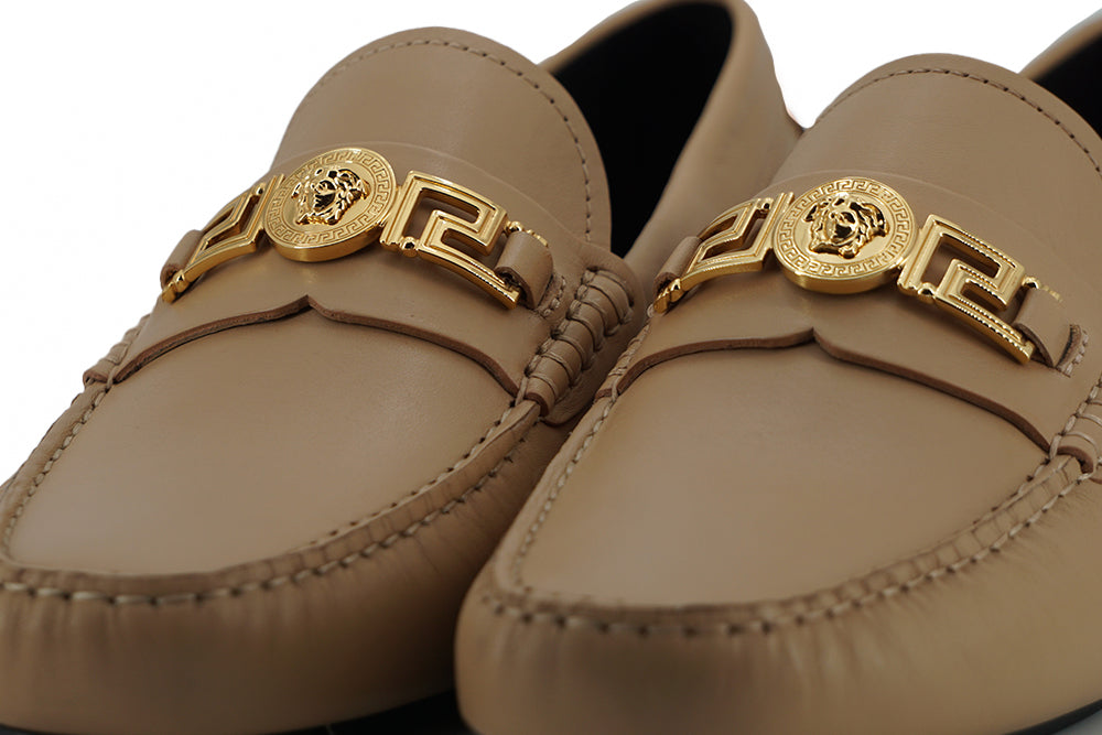 Versace Exquisite Medusa Gold-Tone Leather Loafers - Ora And Co.