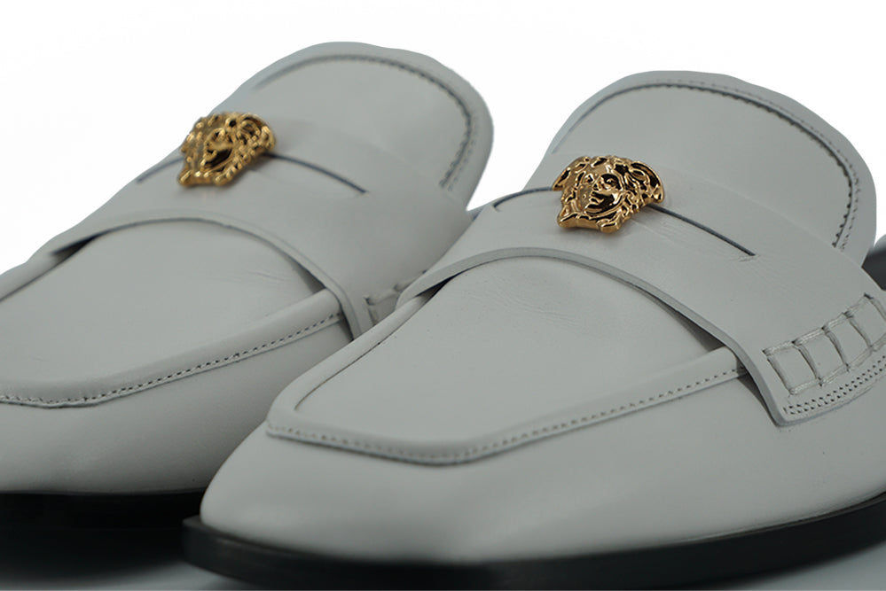 Versace Elegant White Leather Flat Slides - Ora And Co.