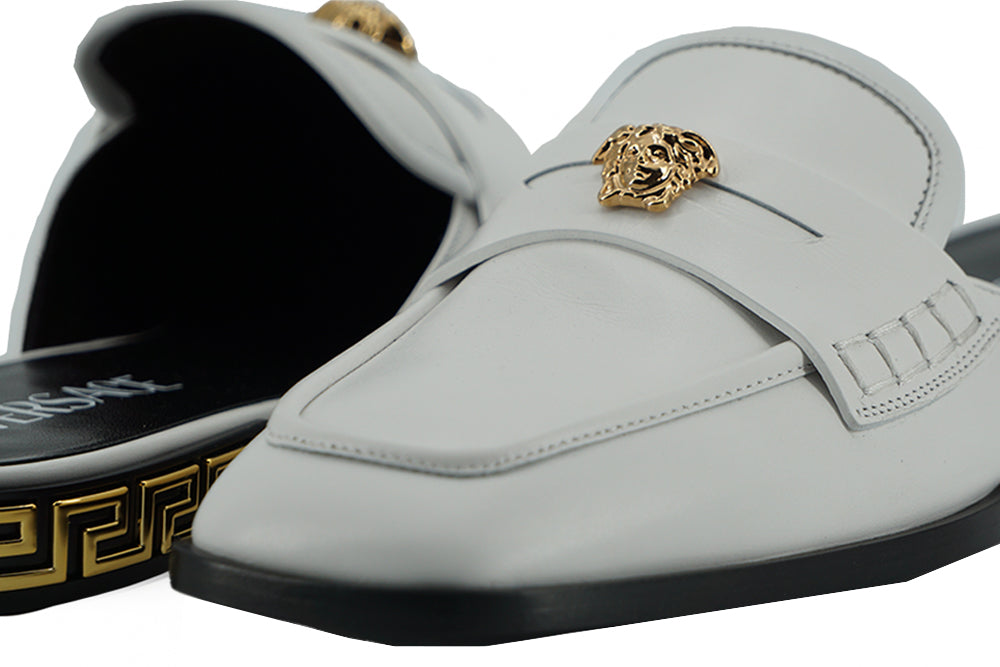 Versace Elegant White Leather Flat Slides - Ora And Co.