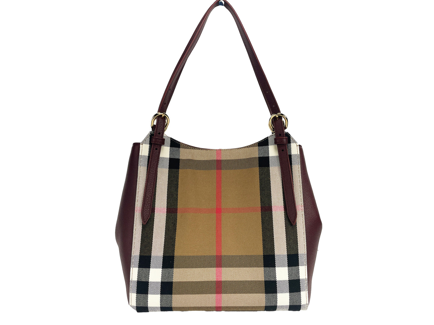 Burberry Small Canterby Mahogany Leather Check Canvas Tote Bag Purse - Ora And Co.