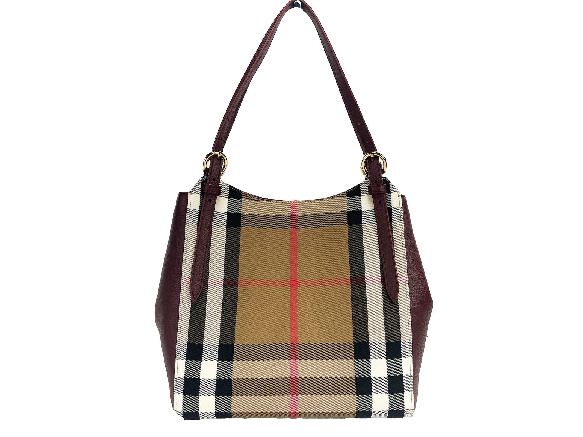 Burberry Small Canterby Mahogany Leather Check Canvas Tote Bag Purse - Ora And Co.