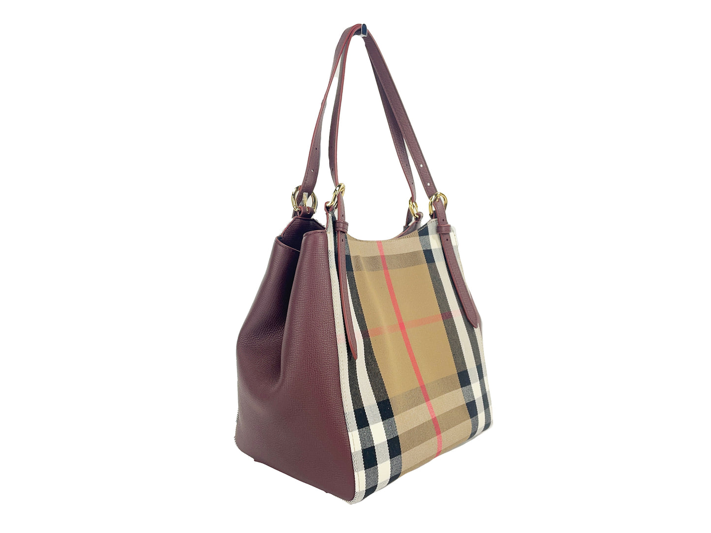 Burberry Small Canterby Mahogany Leather Check Canvas Tote Bag Purse - Ora And Co.