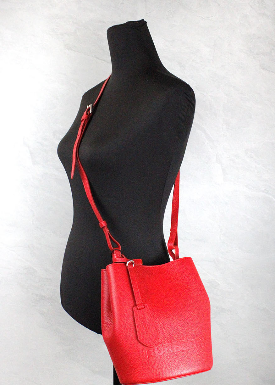 Burberry Lorne Small Red Pebbled Leather Bucket Crossbody Purse Bag - Ora And Co.