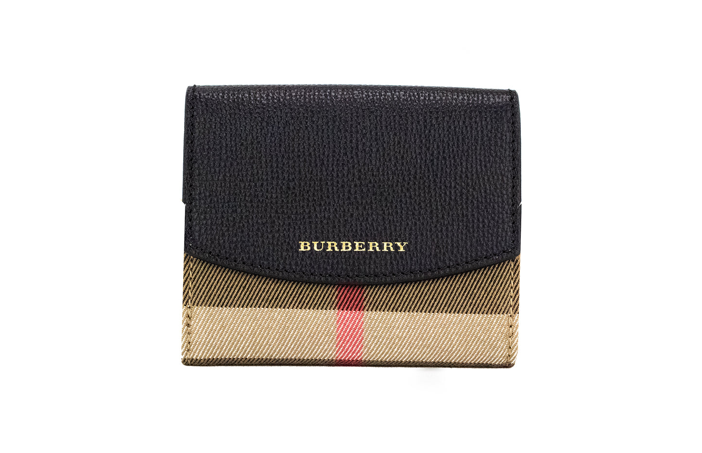 Burberry Luna Black Grained Leather House Check Canvas Coin Pouch Snap Wallet - Ora And Co.