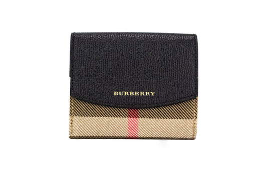 Burberry Luna Black Grained Leather House Check Canvas Coin Pouch Snap Wallet - Ora And Co.